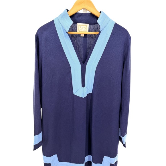 Sail to Sable STS Navy Blue Light Blue Linen Blend Tunic Shift Dress Large - Picture 3 of 7
